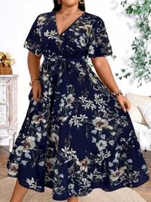 EMERY ROSE Plus Size Holiday Floral Print Dress Maxi Women Outfit, For Summer - Navy Blue - View 4