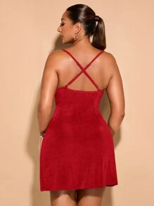 SHEIN BAE Đầm mini co giãn ren cổ xanh thanh lịch cho tiệc sinh nhật cỡ lớn - Đỏ - Xem 2