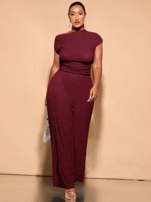 SHEIN BAE Plus Size Summer Daily Outing Sexy Asymmetrical Slanted Shoulder Black All-Over Texture Stretch T-Shirt Top - Burgundy - View 6