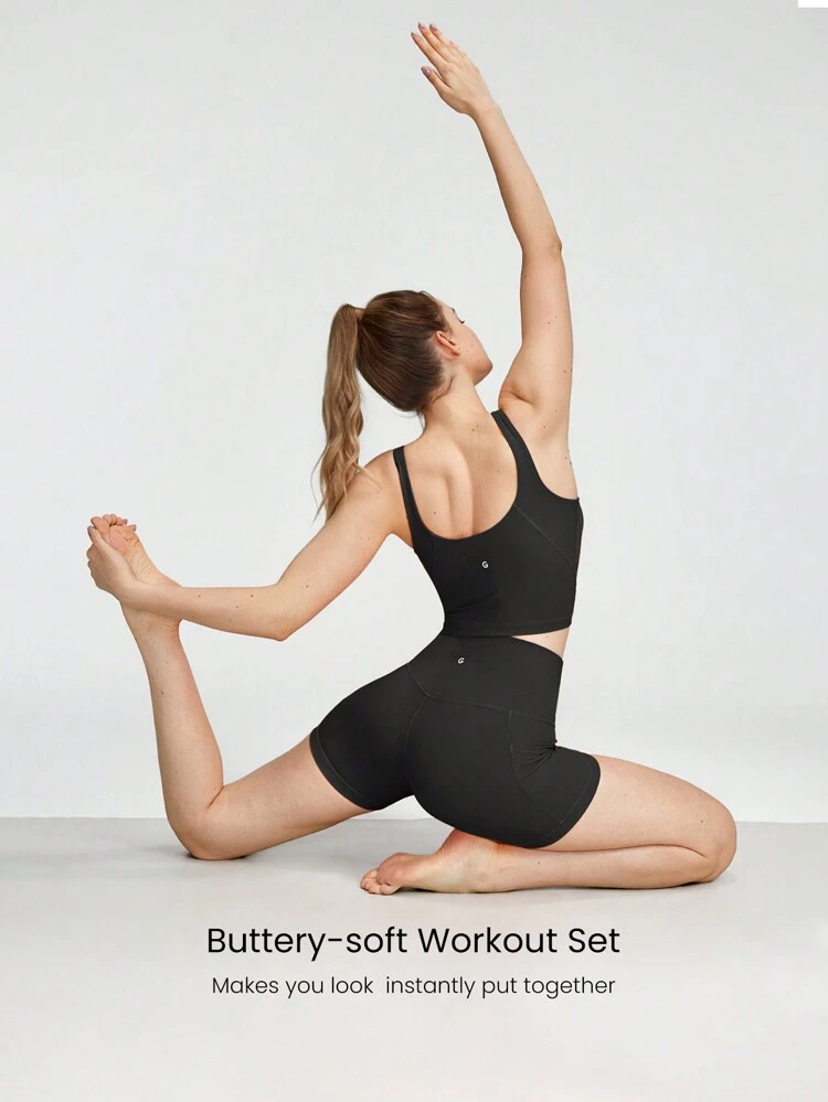 Conjunto de Regata Curta Ativa de Costas em U FeatherFit™ e Shorts Ciclista de Controle da Barriga de 4,3 polegadas, Ioga de Baixo Impacto para Uso Diário