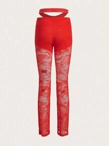 SHEIN X KeniaOs SHEIN ICON Cut Out Waist Rhinestone Detail Skinny Pants - Orange - View 2