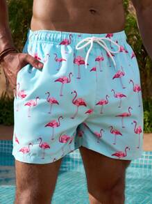 Manfinity Swimmode Men's Swim Trunks Drawstring Waist Front Tie Pocket Lightweight 4-Way Stretch Lightweight 4-Way Stretch Flamingo Prints Beach Vacation Hawaiian - Green - View 4