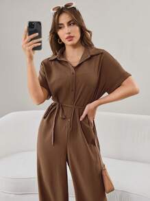 Mulvari Women Summer Drop Shoulder Solid Color Blouse And Wide Leg Jumpsuit - Coffee Brown - View 8