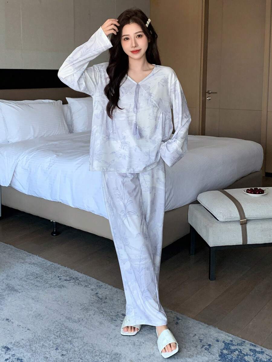 DAZY Bộ Pyjama dài tay in hoa - trắng - Xem 1