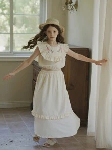 2 Chiếc Tween Girl Thêu Hoa Xù Áo Không Tay Và Váy Maxi Xù Trang Phục Phong Cách Đồng Quê - Rượu sâm banh - Xem 6