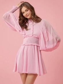 Enchnt Fall Holiday Romantic Elegant Pink Women Simple Solid Color Long Sleeve Mesh Panel Dress For Daily Wear