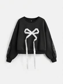SHEIN MOD Plus Size Black Lace Patchwork Bow Sweatshirt