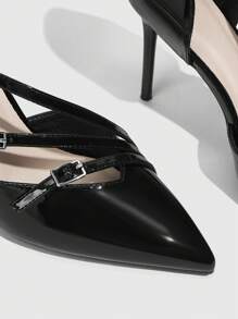 CUCCOO SZL Zapatos de tacón alto de punta en PU con hebilla y rayas negras, para ir al trabajo y salir en citas - Negro - Ver 4