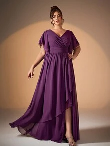 Plus Size V-Neck Pearl Chiffon Short Sleeve High Slit Hem Elegant Evening Dress, Bridesmaid Dress - Purple - View 6