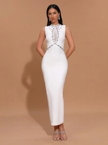 New White Sexy Mesh Splice Sleeveless Rhinestone Bandage Dress, Women's Formal Evening Party Gown - White - View 3