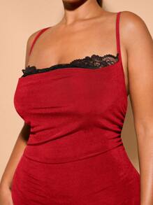 SHEIN BAE Đầm mini co giãn ren cổ xanh thanh lịch cho tiệc sinh nhật cỡ lớn - Đỏ - Xem 7