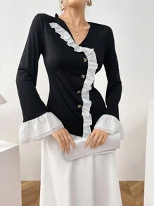 Modelyn 2pcs Women's Contrast Color Ruffle Trim Flare Sleeve Top And Solid Color Skirt Set 2 Pieces Set Fall Cloth For Women - Multicolor - View 5