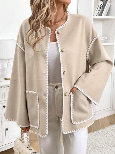 Serisse Women's Contrast Color Trimmed Button Front Pockets Casual Jacket, Fall Winter Warm Long Sleeve