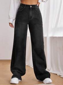 SHEIN EZwear Women Spider Print Pocketed Washed Loose Fit Wide Leg Jeans - Black - View 3