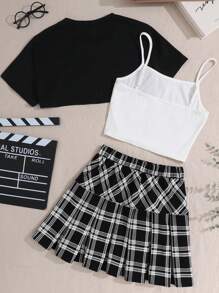 SHEIN Ropa de vuelta al colegio para chicas adolescentes, conjunto de 3 piezas de estilo academia en cuadros blanco y negro, conjunto de top corto, camiseta interior y falda - Blanco y Negro - Ver 2