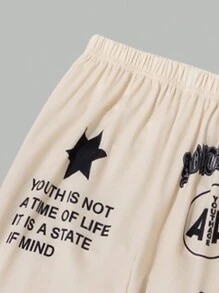 SHEIN 2 件 Tween 女童印花连帽运动衫和裤子套装 - 杏色 - 查看 5