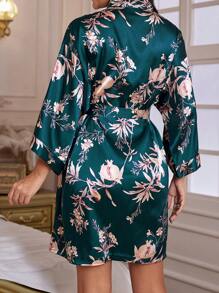 Bata de satén con estampado floral, hombros caídos y cinturón, sin lencería, otoño - Multicolor - Ver 2