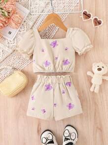 婴幼儿女孩优雅复古印花服装，夏季 - 杏色 - 查看 2