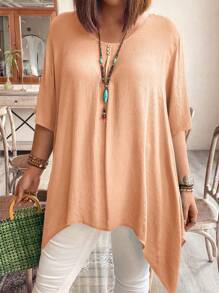 Blusa de manga corta, cuello redondo, sencilla y casual de unicolor para mujer talla grande