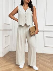 SHEIN Frenchy 2pcs Plus Size Women's Elegant Vest And Pants Set - Khaki - View 3