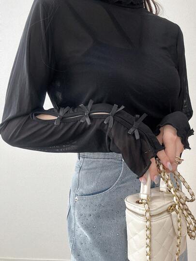 FRIFUL 女式春夏纯色立领长袖蝴蝶结装饰宽松衬衫，返校服