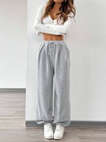 Chiquease Women's Solid Color Waist Tied Fleece Sweatpants - Grey - View 3