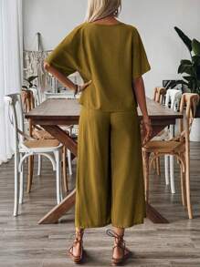 SHEIN JORESS Holiday Casual Round Neck Loose Fit Linen-Look Shirt And Long Pants Two-Piece Set - Mustard Yellow - View 2