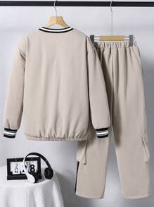 SHEIN 2 件套男童休闲咖啡色运动衫和裤子，青少年 - 咖啡棕 - 查看 2