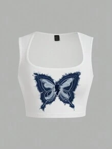 Slaydiva 女士简约蝴蝶印花方领背心，休闲夏装 - 白色 - 查看 2