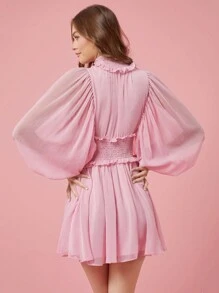 Enchnt Fall Holiday Romantic Elegant Pink Women Simple Solid Color Long Sleeve Mesh Panel Dress For Daily Wear