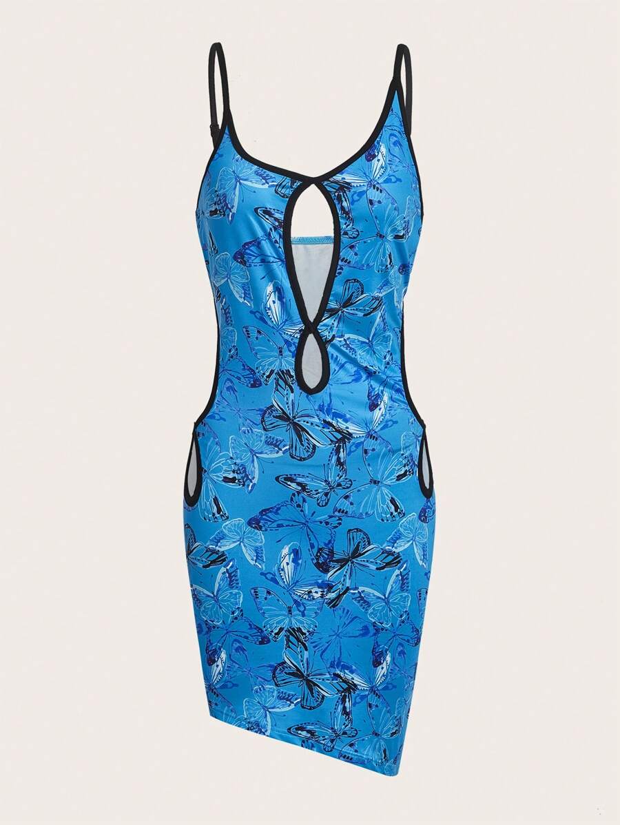 SHEIN X KeniaOs SHEIN ICON 蝴蝶印花镂空撞色绑带吊带紧身连衣裙