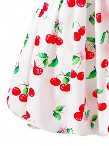 Teens Girls' Fruit Print Asymmetric Neckline Short Sleeve A-Line Dress - White - View 3