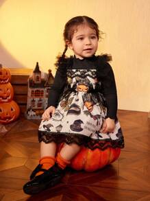 Sukienka dla dziewczynki jesień zima halloween nadruk siateczka kontrast elegancka swobodna, na imprezę halloweenową - Wielokolorowe - Zobacz 3