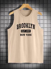 Manfinity Homme Men Letter Print Round Neck Casual Tank Top, Sleeveless Graphic Going Out Vintage Tank Top For Husband - Khaki - View 3