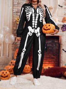 SHEIN LUNE 大码女式骷髅印花连体裤，日常休闲装 - 黑與白 - 查看 1