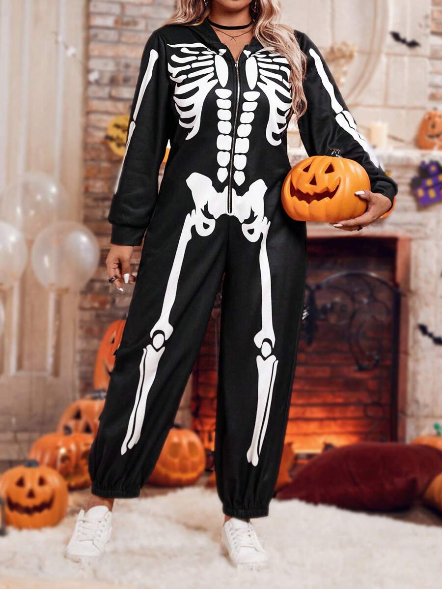 SHEIN LUNE 大码女式骷髅印花连体裤，日常休闲装 - 黑與白 - 查看 1