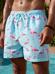 Manfinity Swimmode Men's Swim Trunks Drawstring Waist Front Tie Pocket Lightweight 4-Way Stretch Lightweight 4-Way Stretch Flamingo Prints Beach Vacation Hawaiian - Green - View 5