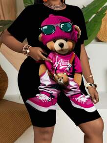 Slaydiva 2 件套女士休闲可爱卡通熊印花短袖 T 恤和短裤夏季服装