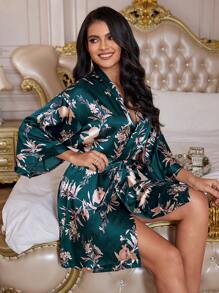 Bata de satén con estampado floral, hombros caídos y cinturón, sin lencería, otoño - Multicolor - Ver 3