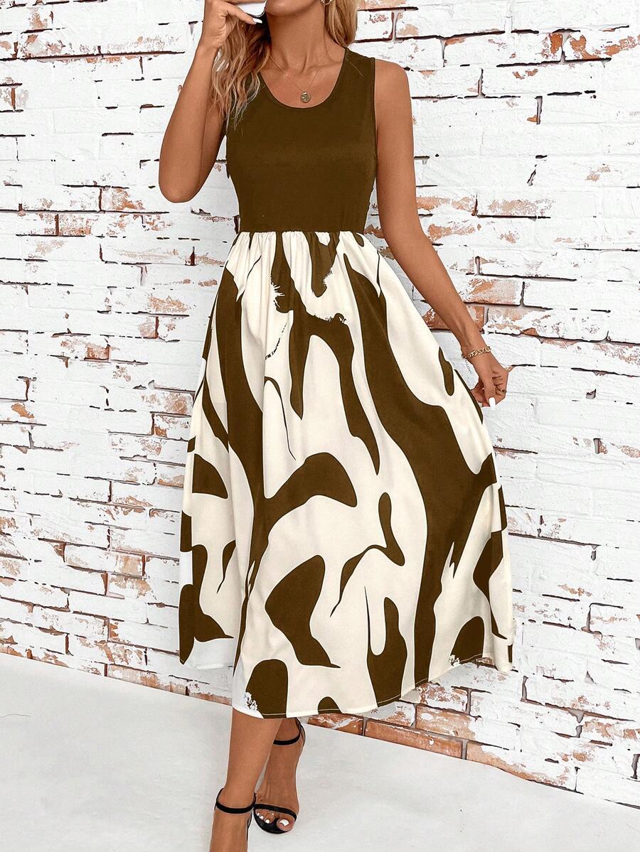 SHEIN Clasi 女士拼色艺术印花无袖夏季连衣裙 - 棕色 - 查看 1