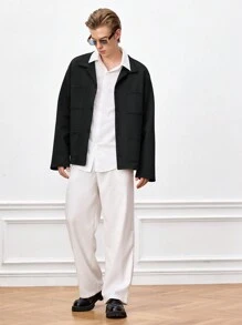 Mainfolk 男士纯色针织休闲立领宽松夹克，适合春秋季和秋冬季 - 黑色 - 查看 6