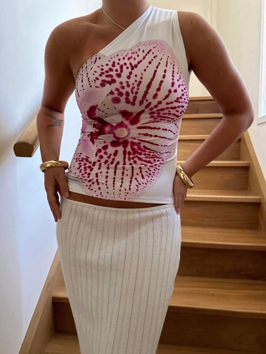 INAWLY Plus Size Women Floral Print Asymmetrical Neck Sleeveless Top - White - View 1