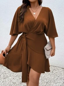 Vionelle Plus Batwing Sleeve Knot Side Ruffle Trim Wrap Dress - Brown - View 1