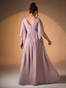 Mgiacy Plus Size V-Neck Crossed Chiffon Ruffle Sleeve Bridesmaid Dress - Dusty Purple - View 2