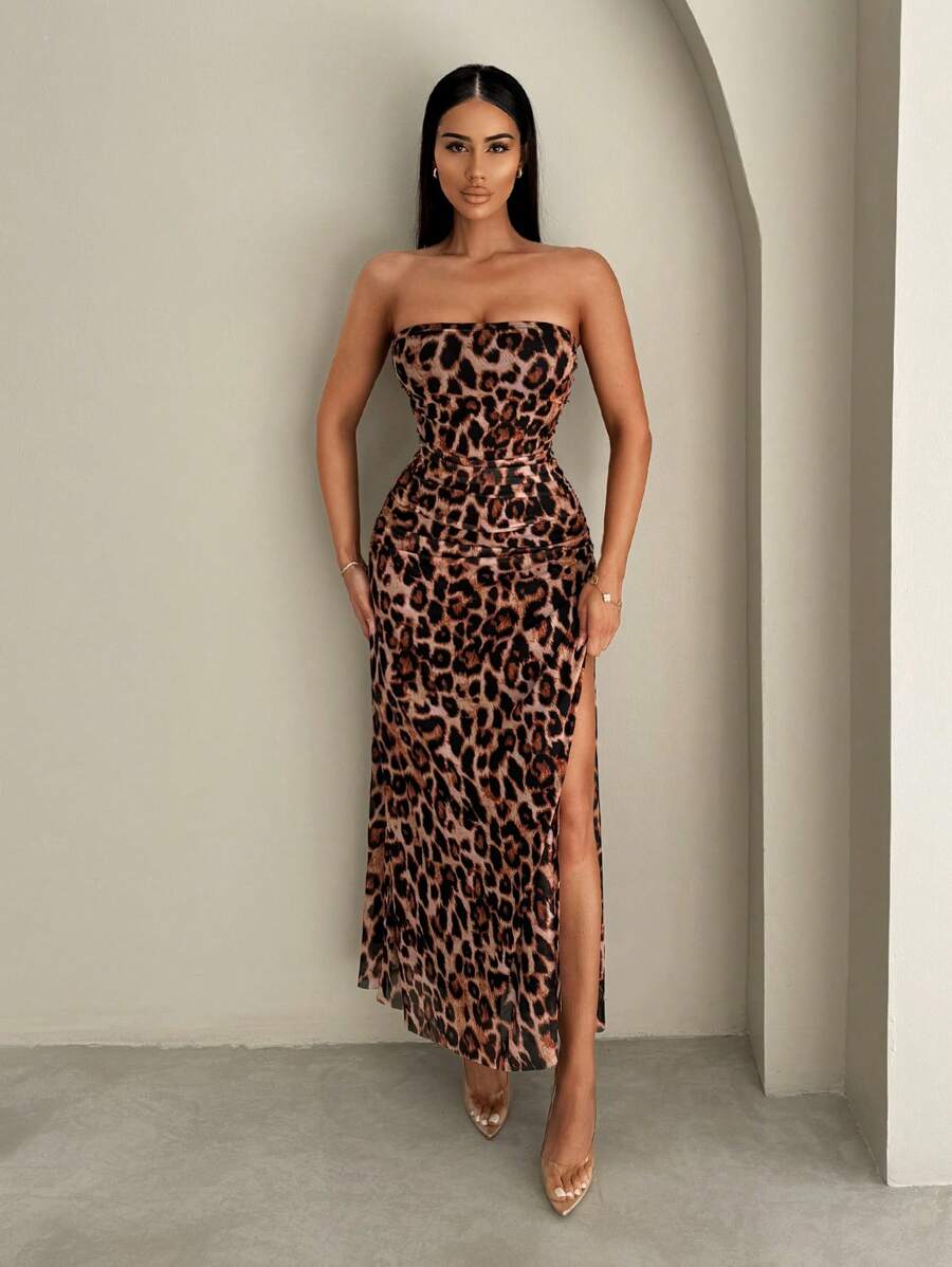 Zolique Women's Summer Leopard Print Side Slit Hem Strapless Dress - Coffee - View 1