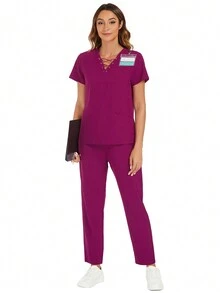 Áo sơ mi tay ngắn màu trơn đan chéo kèm quần đồng phục y tá - Màu đỏ tím - Xem 5