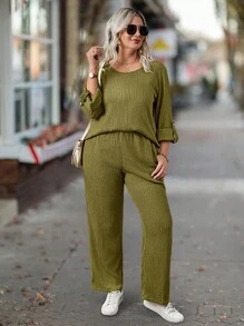 2pcs Plus Size Women's Solid Color Minimalist Everyday Round Neck Long Sleeve Top And Pants Set - Green - View 3