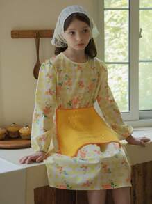 SHEIN Đầm yếm cổ tròn họa tiết hoa nhí tay lửng dành cho bé gái tuổi teen. - Màu vàng - Xem 4