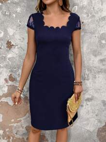 EMERY ROSE Đầm ren cổ tròn tay ngắn màu vỏ sò sang trọng & quyến rũ cho nữ - Màu xanh hải quân - Xem 4