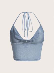 SHEIN X KeniaOs SHEIN ICON Parte superior halter con espalda descubierta, fruncido delantero y cuello drapeado - Celeste - Ver 2